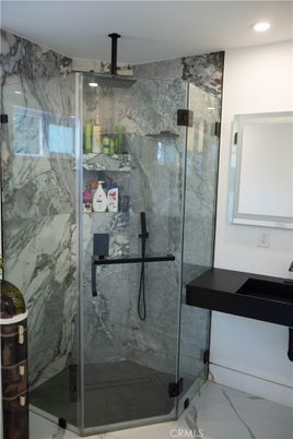 Bathroom, Glass Shower, Interior, Marble Walls, Recessed Lighting