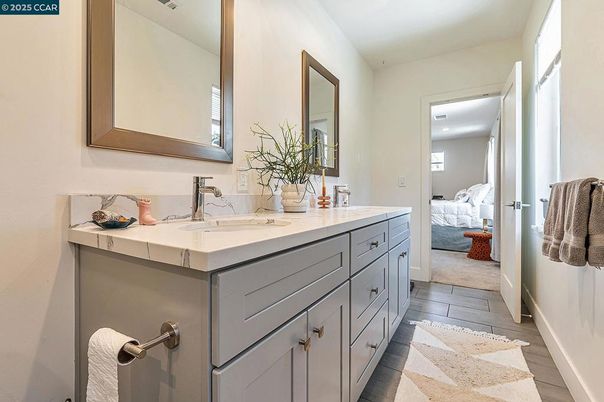 Bathroom, Bedroom, Dual Sink Vanities, Interior, Recessed Lighting, Wood Texture Flooring