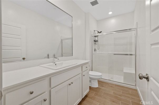 Bathroom, Glass Shower, Interior, Recessed Lighting, Wood Texture Flooring