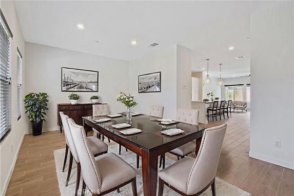Dining room, Interior, Pendant Lights, Recessed Lighting, Wood Texture Flooring