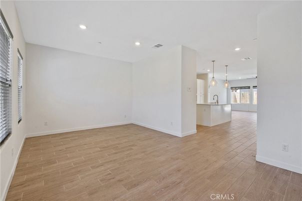 Empty room, Interior, Kitchen, Pendant Lights, Recessed Lighting, Wood Texture Flooring