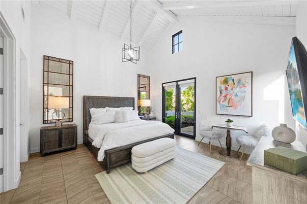 Bedroom, Interior, Pendant Lights, Wood Texture Flooring