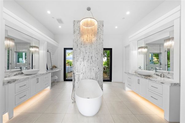 Bathroom, Chandelier, Dual Sink Vanities, Free Standing Baths, Interior, Pendant Lights, Recessed Lighting