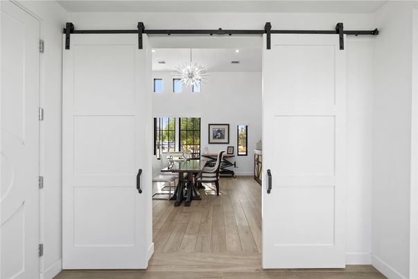 Dining room, Interior, Pendant Lights, Recessed Lighting, Wood Texture Flooring