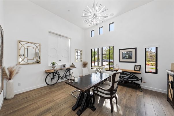 Dining room, Interior, Pendant Lights, Wood Texture Flooring