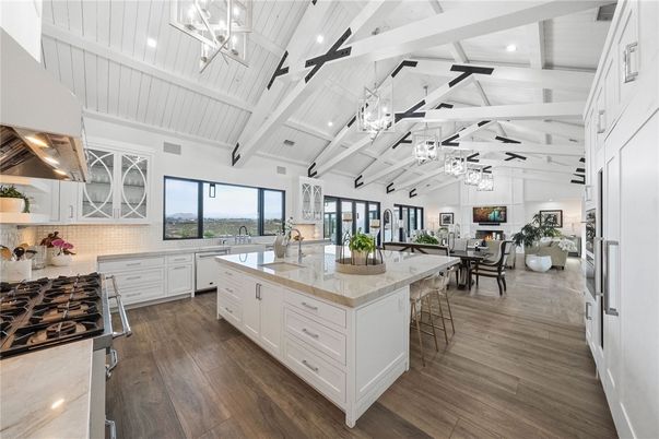Dining room, Interior, Kitchen, Living room, Pendant Lights, Water, Wooden Beams, Wood Texture Flooring