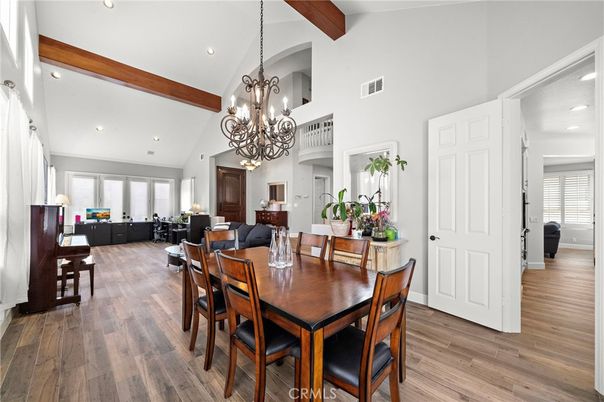 Chandelier, Dining room, Interior, Living room, Recessed Lighting, Wooden Beams, Wood Texture Flooring