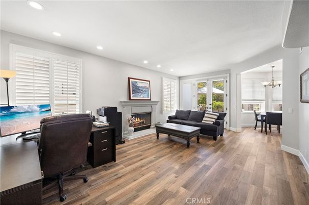 Chandelier, Fireplace, Home Office, Interior, Living room, Recessed Lighting, Wood Texture Flooring