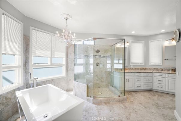 Bathroom, Chandelier, Glass Shower, Interior, Recessed Lighting