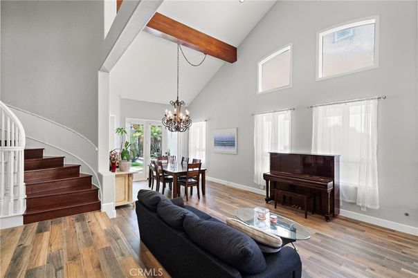 Chandelier, Dining room, Interior, Living room, Pendant Lights, Piano, Wooden Beams, Wood Texture Flooring