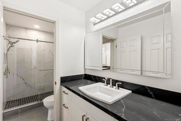 Bathroom, Glass Shower, Interior, Marble Walls, Recessed Lighting