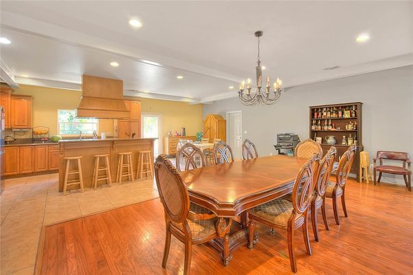 Chandelier, Dining room, Interior, Kitchen, Recessed Lighting, Wood Texture Flooring