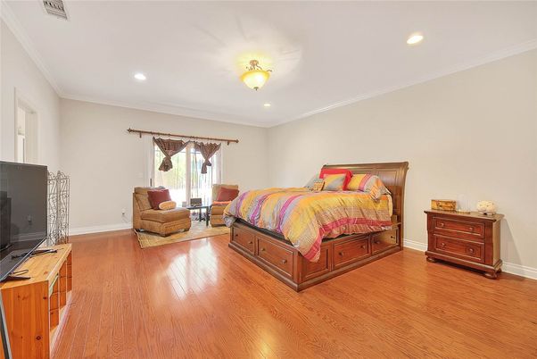 Bedroom, Interior, Recessed Lighting, Wood Texture Flooring