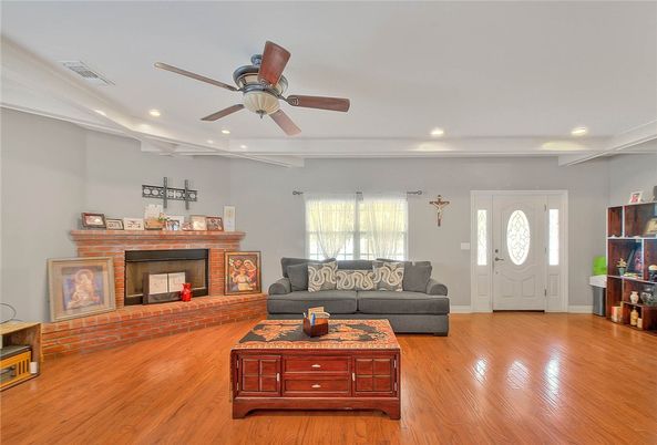 Fireplace, Interior, Living room, Recessed Lighting, Wood Texture Flooring