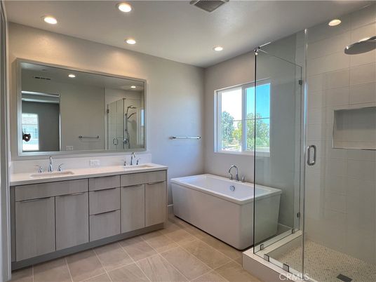 Bathroom, Dual Sink Vanities, Glass Shower, Interior, Recessed Lighting