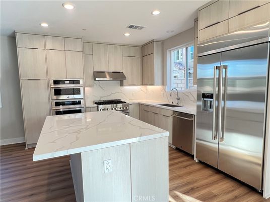 Interior, Kitchen, Recessed Lighting, Stainless Steel Appliances, Wood Texture Flooring
