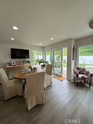Dining room, Interior, Living room, Recessed Lighting, Wood Texture Flooring