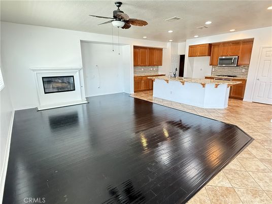 Fireplace, Interior, Kitchen, Recessed Lighting, Wood Texture Flooring