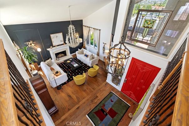 Fireplace, Interior, Living room, Pendant Lights, Wood Texture Flooring