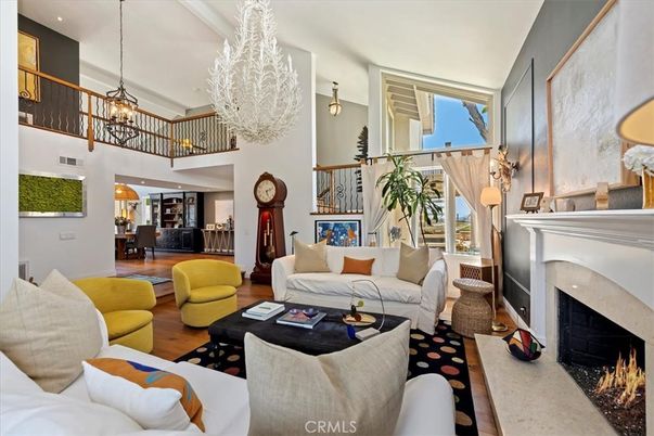 Chandelier, Fireplace, Interior, Living room, Recessed Lighting, Wood Texture Flooring