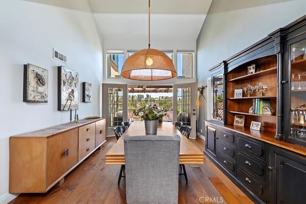 Dining room, Interior, Pendant Lights, Wood Texture Flooring
