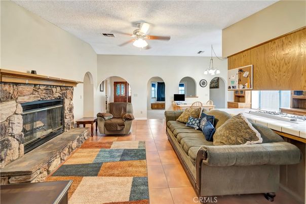 Fireplace, Interior, Kitchen, Living room, Pendant Lights