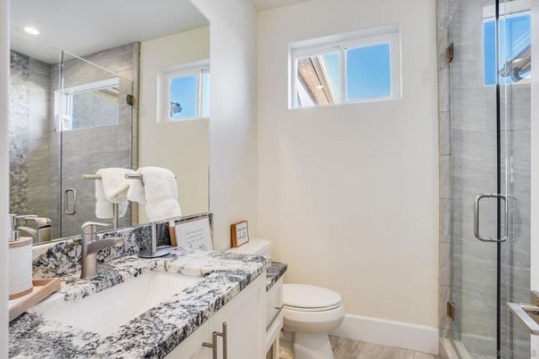 Bathroom, Glass Shower, Interior, Recessed Lighting, Wood Texture Flooring