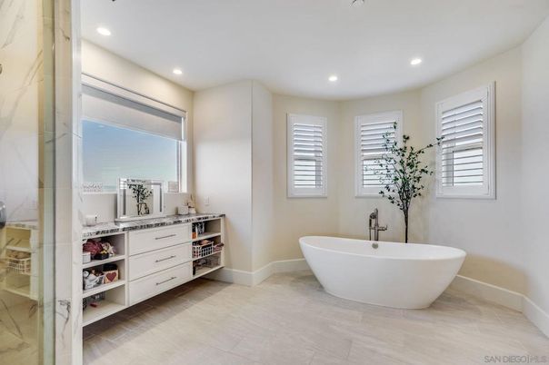 Bathroom, Dual Sink Vanities, Free Standing Baths, Interior, Marble Walls, Recessed Lighting