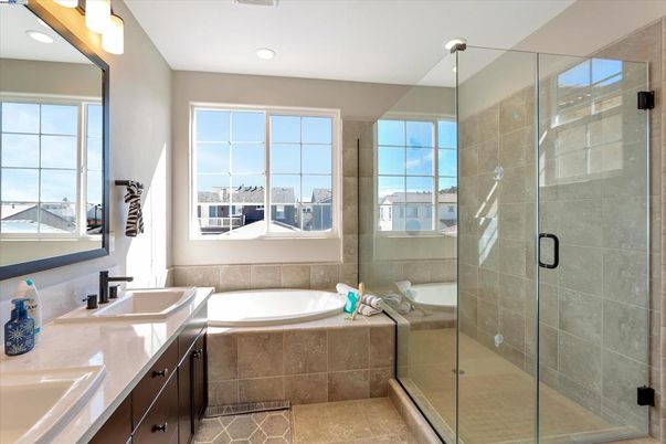 Bathroom, Dual Sink Vanities, Glass Shower, Interior, Recessed Lighting