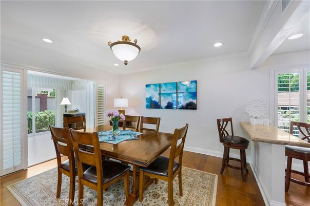 Dining room, Interior, Recessed Lighting, Wood Texture Flooring