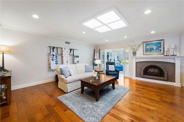 Fireplace, Interior, Living room, Recessed Lighting, Wood Texture Flooring