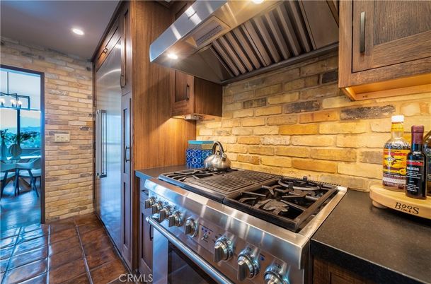 Interior, Kitchen, Recessed Lighting, Stainless Steel Appliances, Stone Walls