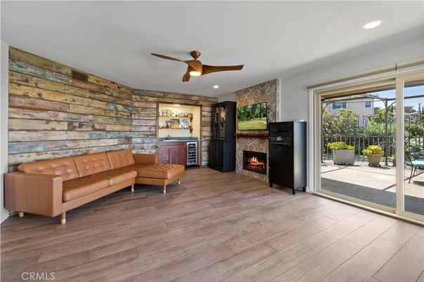 Fireplace, Interior, Recessed Lighting, Wood Texture Flooring, Wooden Walls
