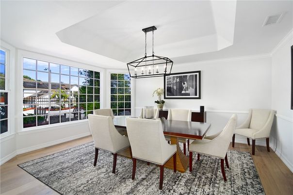 Dining room, Interior, Pendant Lights, Wood Texture Flooring