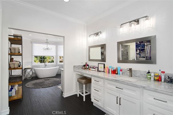 Bathroom, Chandelier, Dual Sink Vanities, Free Standing Baths, Interior, Recessed Lighting, Wood Texture Flooring