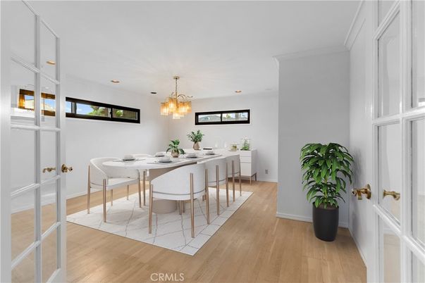 Dining room, Interior, Pendant Lights, Recessed Lighting, Wood Texture Flooring