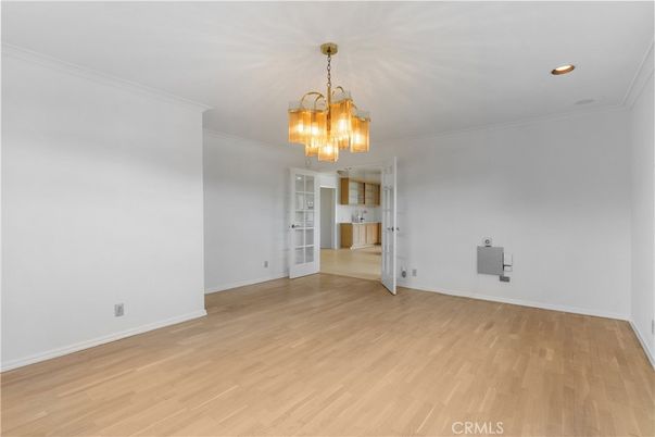 Chandelier, Empty room, Interior, Recessed Lighting, Wood Texture Flooring