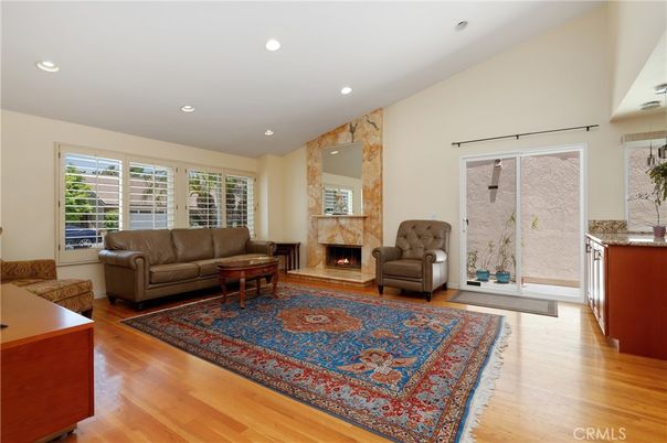 Fireplace, Interior, Living room, Recessed Lighting, Wood Texture Flooring