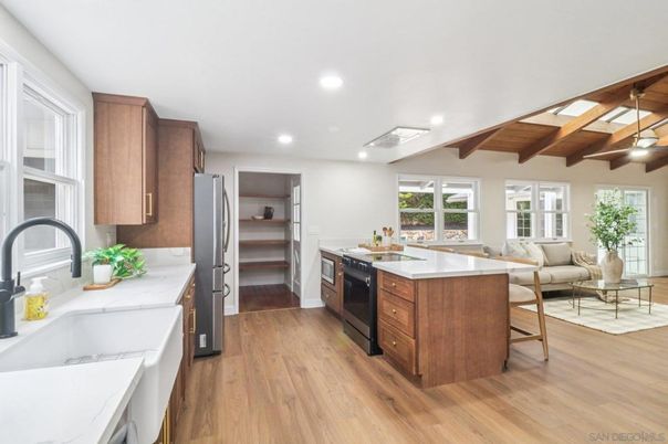 Interior, Kitchen, Living room, Recessed Lighting, Wooden Beams, Wooden Ceilings, Wood Texture Flooring