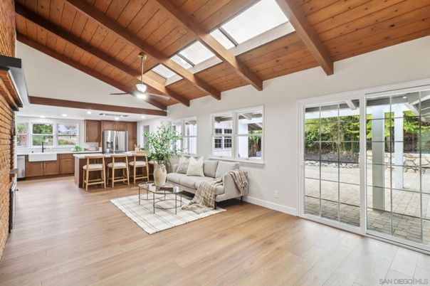 Interior, Kitchen, Living room, Recessed Lighting, Stainless Steel Appliances, Wooden Beams, Wooden Ceilings, Wood Texture Flooring