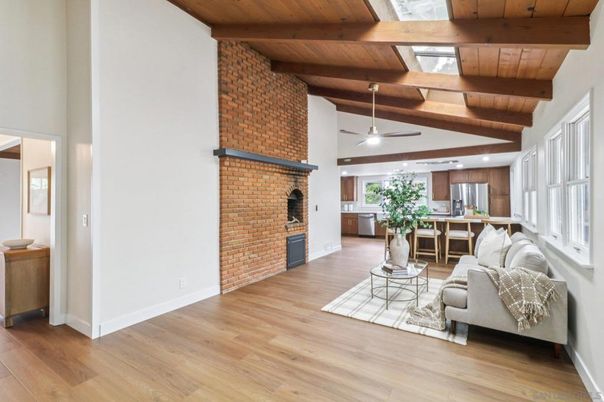 Fireplace, Interior, Kitchen, Living room, Recessed Lighting, Stone Walls, Wooden Beams, Wooden Ceilings, Wood Texture Flooring