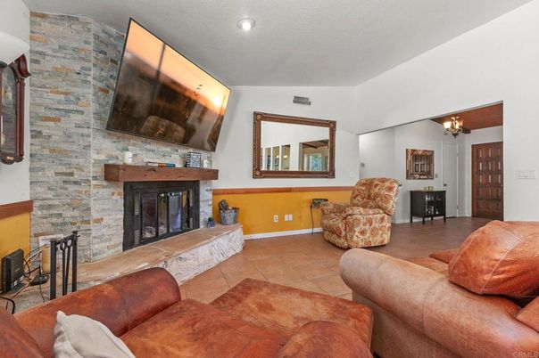 Fireplace, Interior, Living room, Recessed Lighting, Stone Walls