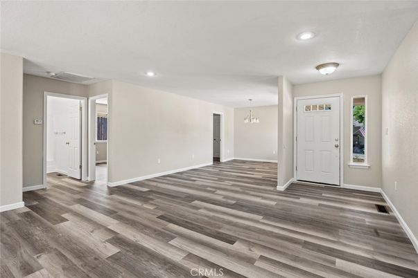 Empty room, Interior, Pendant Lights, Recessed Lighting, Wood Texture Flooring