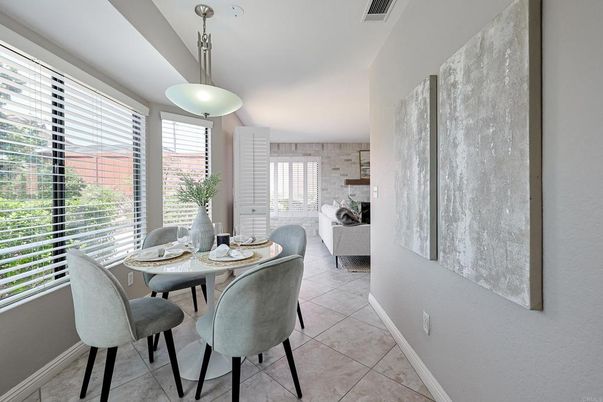 Dining room, Fireplace, Interior, Pendant Lights