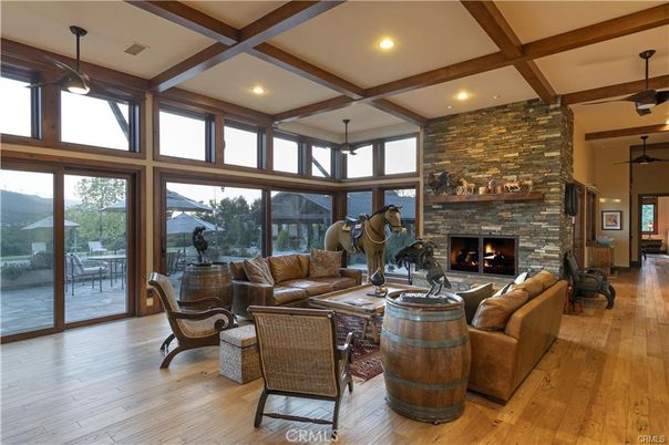 Fireplace, Interior, Living room, Pendant Lights, Recessed Lighting, Stone Walls, Wooden Beams, Wood Texture Flooring