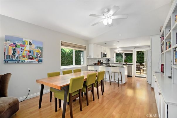 Dining room, Interior, Kitchen, Pendant Lights, Recessed Lighting, Wood Texture Flooring