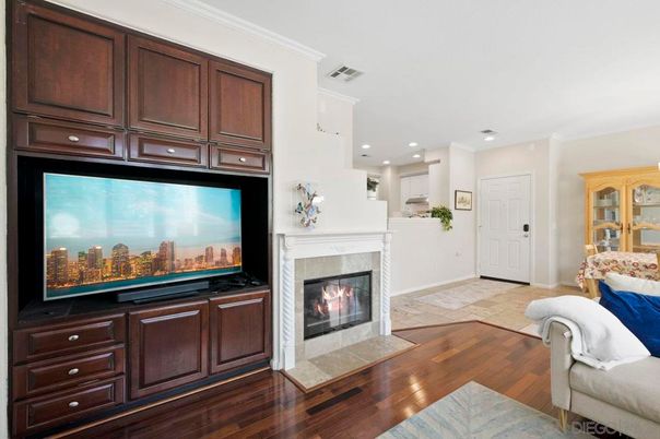 Fireplace, Interior, Recessed Lighting, Wood Texture Flooring
