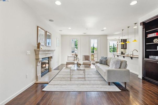 Fireplace, Interior, Living room, Pendant Lights, Recessed Lighting, Wood Texture Flooring