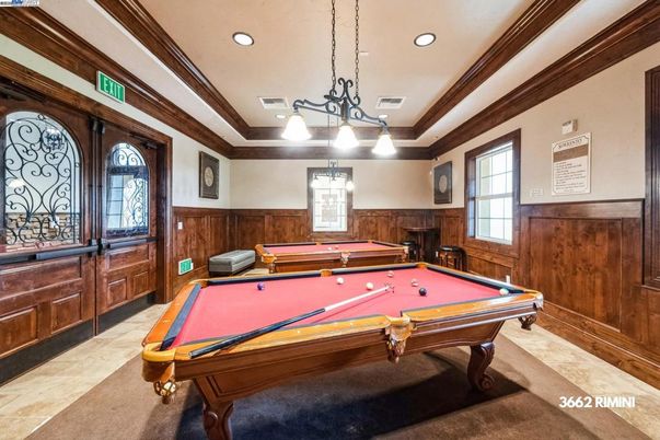 Billiard Table, Chandelier, Game Room, Interior, Pendant Lights, Recessed Lighting, Wooden Walls