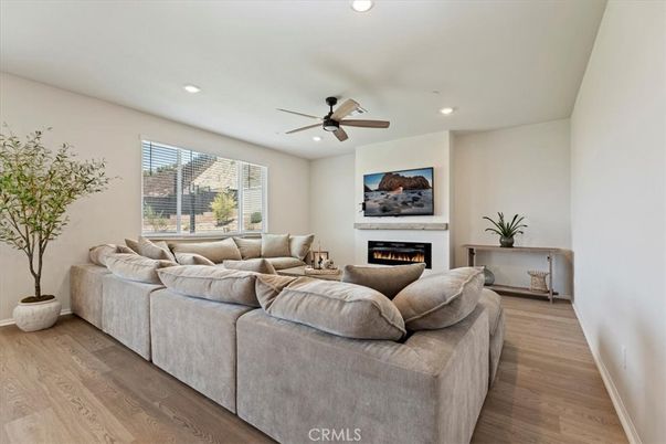 Fireplace, Interior, Living room, Recessed Lighting, Wood Texture Flooring